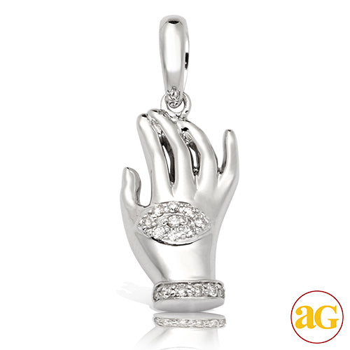 14KW 0.15CTW DIAMOND PENDANT - HAND WITH EVIL EYE