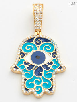 14KY 0.65CTW DIAMOND HAMZA PENDANT WITH BLUE AND