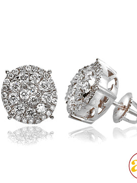 14KW 1.00CTW DIAMOND ROUND CLUSTER EARRINGS WITH