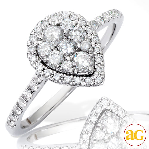 14KW 0.60CTW DIAMOND PEAR CLUSTER RING WITH HALO