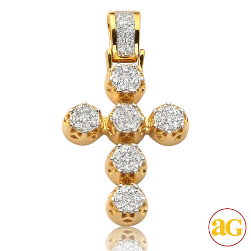 14KY 0.85CTW DIAMOND ROUND CLUSTER CROSS PENDANT