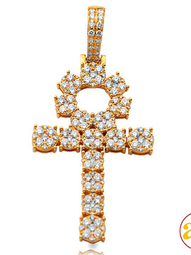 14KY 3.00CTW DIAMOND ROUND CLUSTER ANKH CROSS PEND