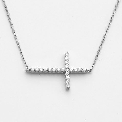 14KW 0.15CTW DIAMOND NECKLACE - SIDEWAYS CROSS