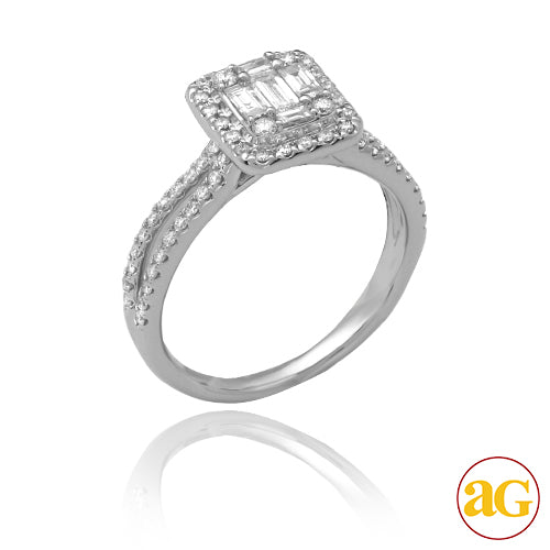 14KW 0.75CTW BAGUETTE DIAMOND RING - SQUARE HALO -