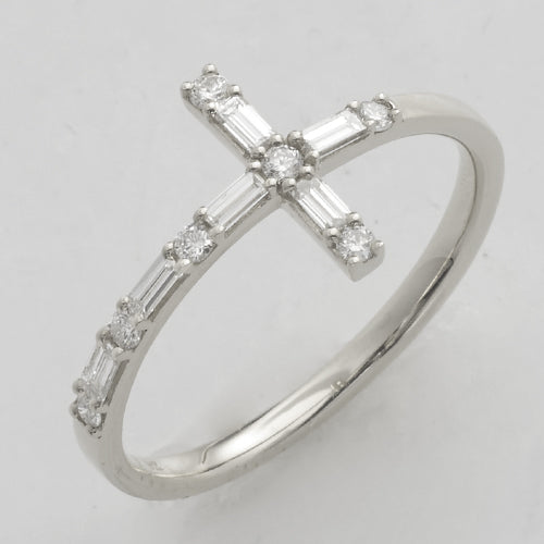 14KW 0.35CTW BAGUETTE DIAMOND SIDEWAYS CROSS RING