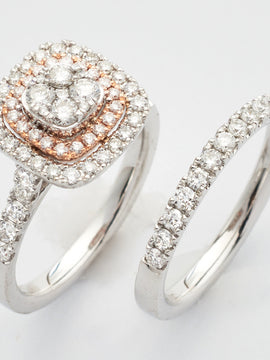 14KW+R 1.30CTW DIAMOND SQUARE CLUSTER BRIDAL SET